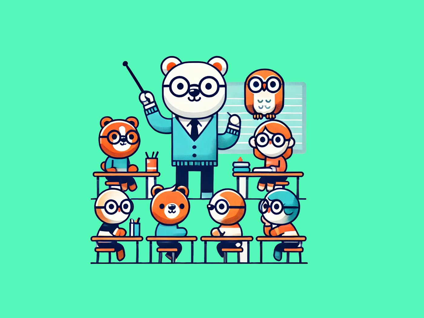 Illustration of teacher integrating ai in classroom with students