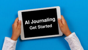 Journaler passionately on ai journaling tablet on a positive blue background