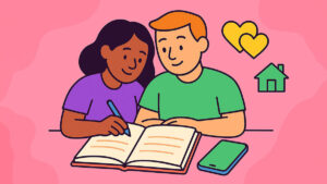 Happy couple ai journaling together to stay connected