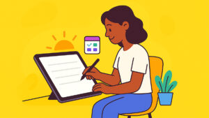 Women ai journaling in the morning to set her focus, intention, and goals, decrease stress & anxitey