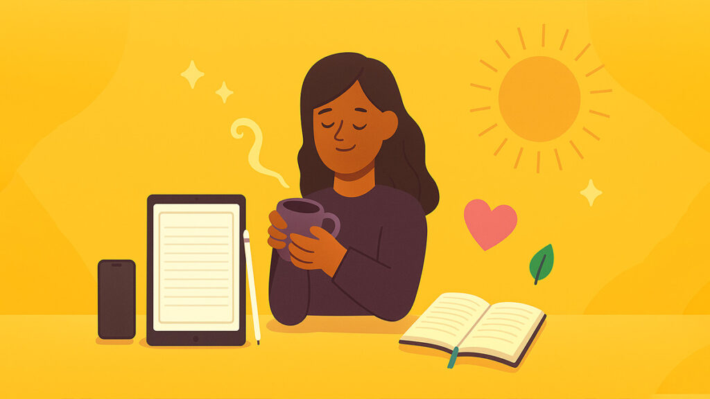 Women journaling in morning with her coffee feeling grateful and loved