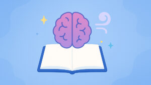 Calming illustration with journal open and whimsical brain illustration