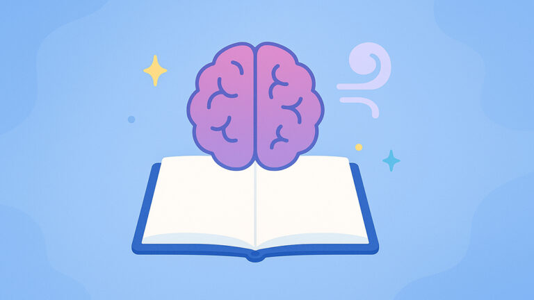 Calming illustration with journal open and whimsical brain illustration