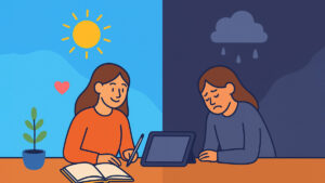 Excellent illustration showcasing journaler before after feeling incredibly less depressed and stressed