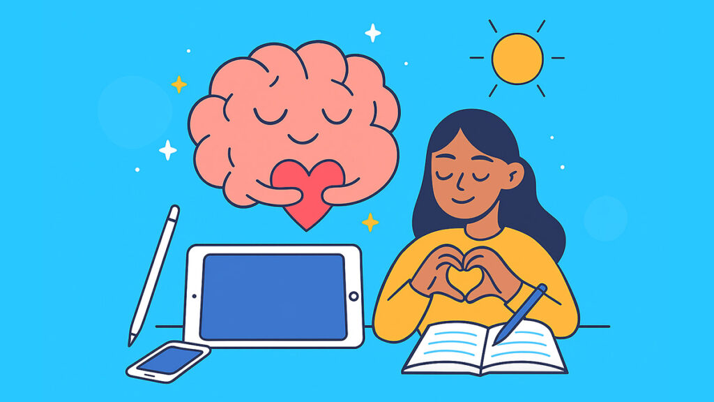 Women ai journaling illustration focused on mental health and wellbeing