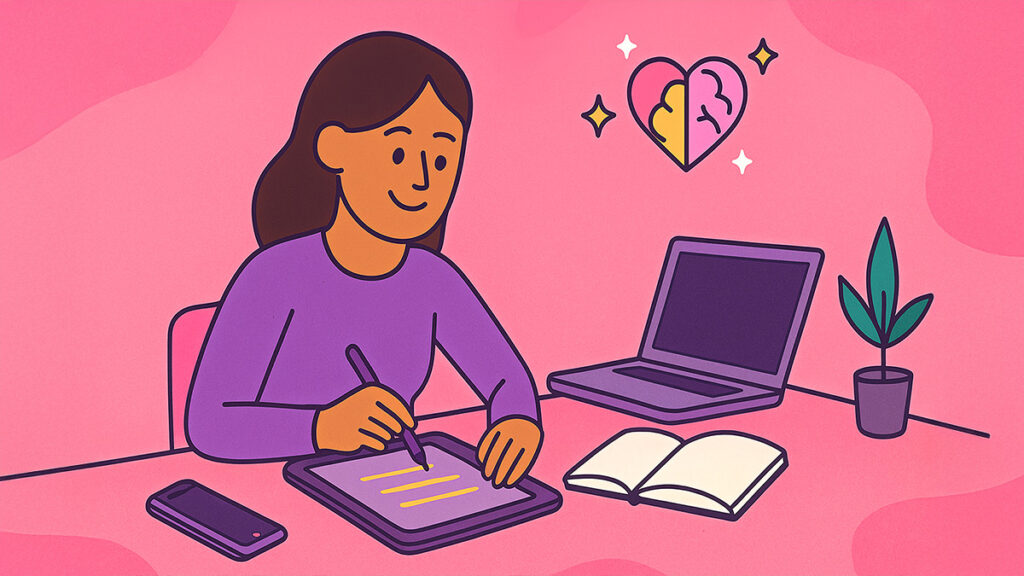 Adult ai journaling, thankful and feeling loved by writing down thoughts