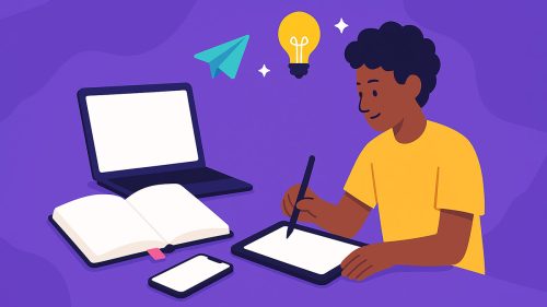 Creative AI journaling illustration with laptop and ipad