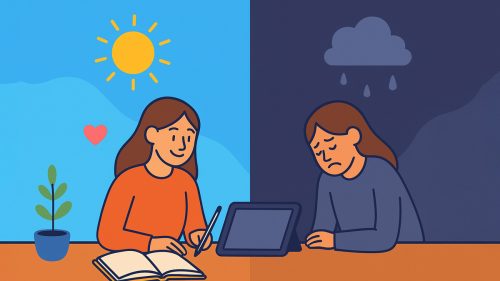 Excellent illustration showcasing journaler before after feeling incredibly less depressed and stressed