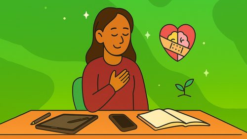 Women AI journaling recovering from trama in life. Feeling much better.